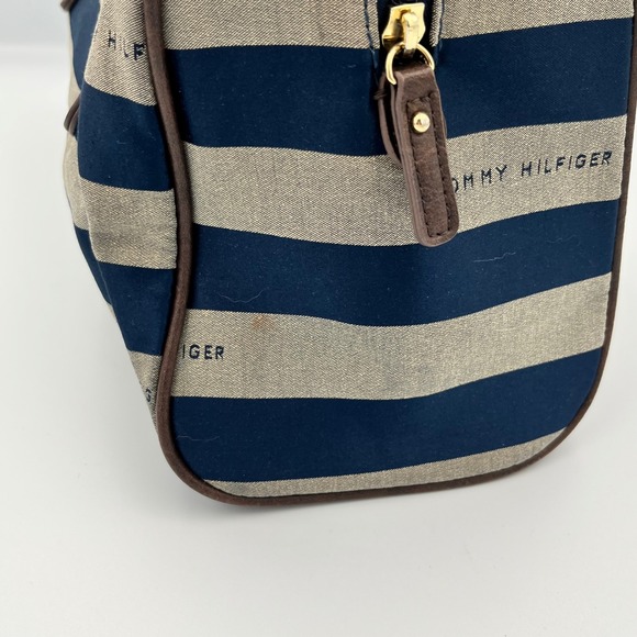Tommy Hilfiger Satchel Bag Navy Tan Striped Barrel Handbag Purse Travel - Picture 8 of 16